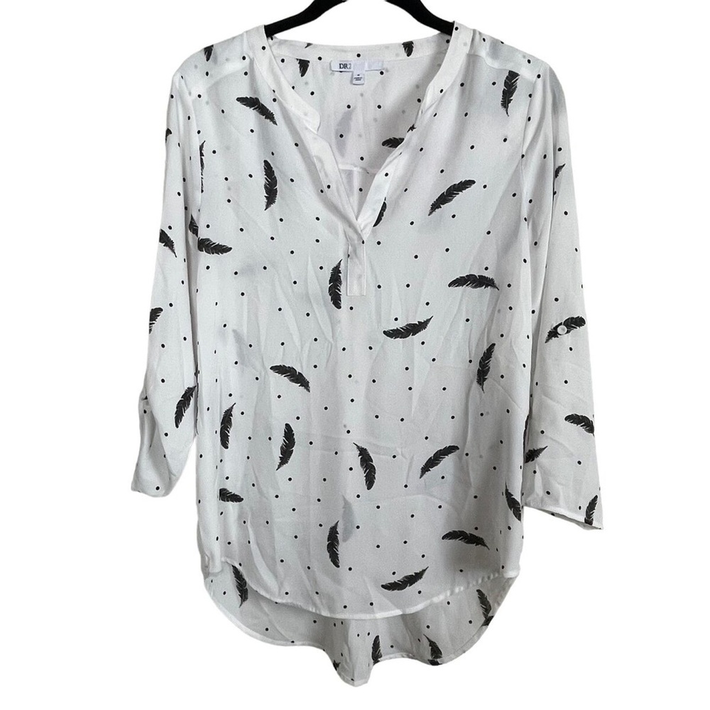 NWT DR2 Women's sz M Black White Feathers Blouse Long Tab Sleeves Shirt